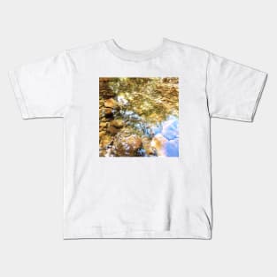 Reflection, lake, trees, pebbles, sparkle, shine, summer, river, aqua, water, spring, holiday, xmas, nature, adventure, rocks, sun, exotic, tropical, blue, turquoise, navy, light Kids T-Shirt